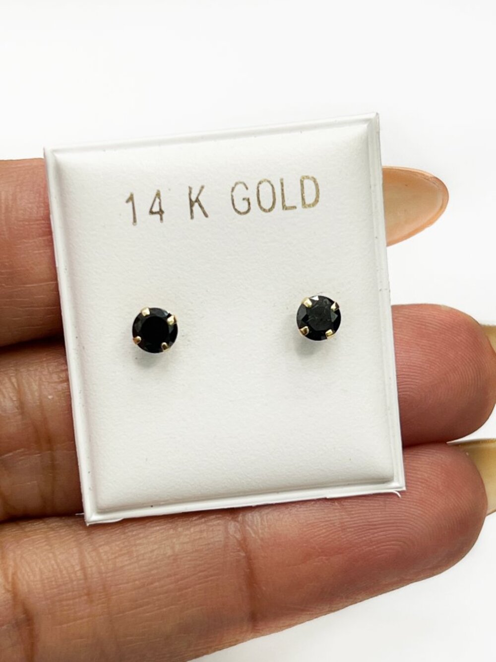New Solid 14K Yellow Gold 4mm Round Cz Black Stud Earrings